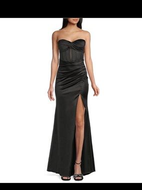 Honey and Rosie Strapless Black Evening Gown with High Slit